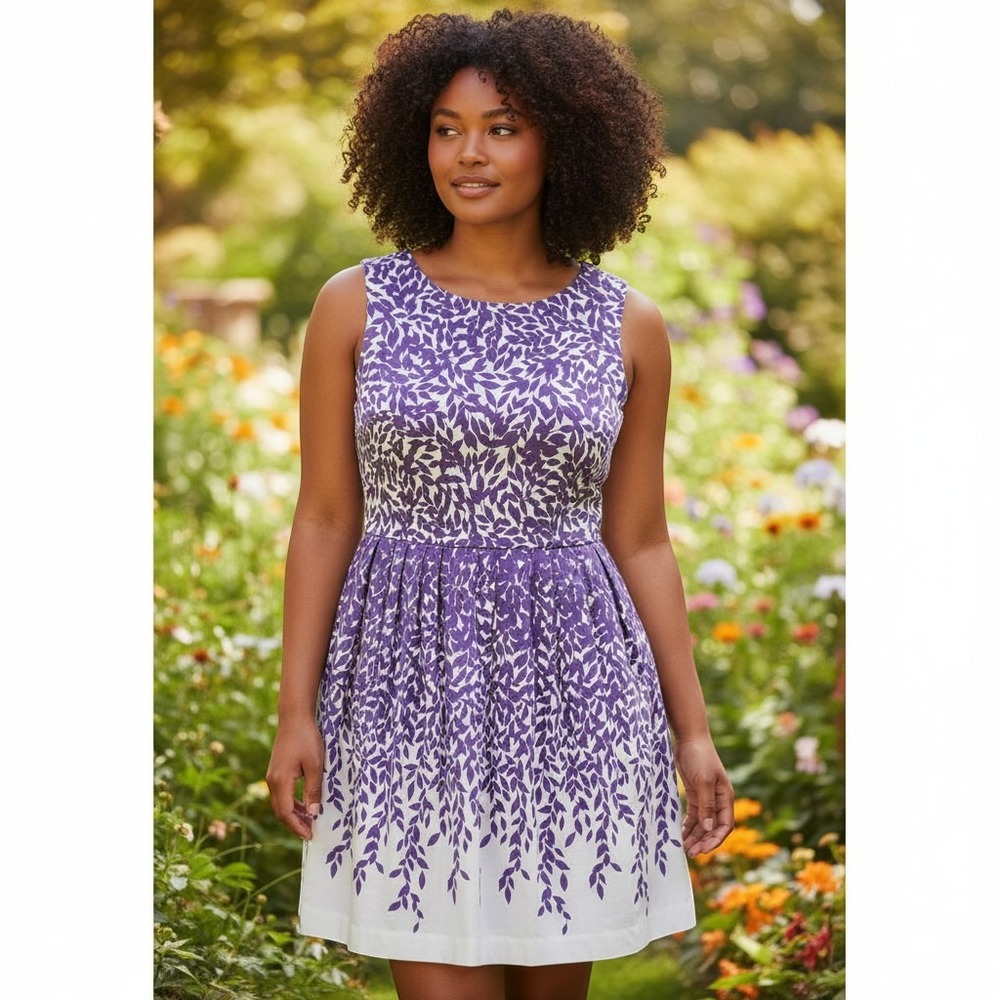 Talbots Purple White Leaf Print Fit Flare Dress 14 Cotton Floral Garden Party